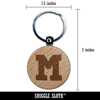 Letter M Uppercase Fun Bold Font Engraved Wood Round Keychain Tag Charm