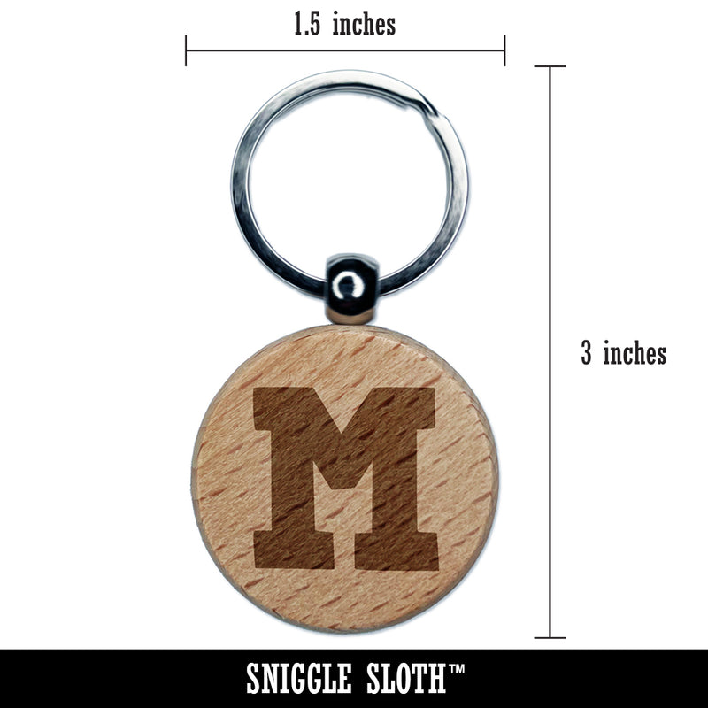 Letter M Uppercase Fun Bold Font Engraved Wood Round Keychain Tag Charm