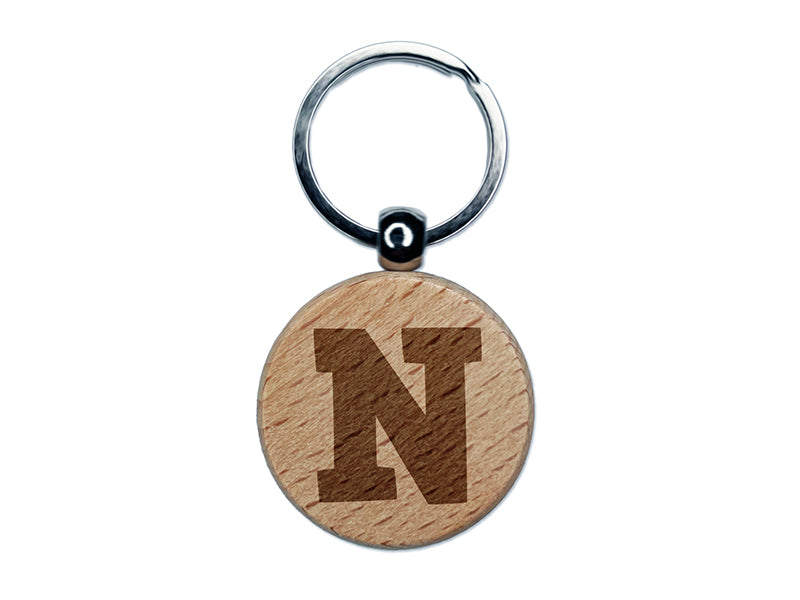 Letter N Uppercase Fun Bold Font Engraved Wood Round Keychain Tag Charm