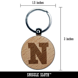 Letter N Uppercase Fun Bold Font Engraved Wood Round Keychain Tag Charm