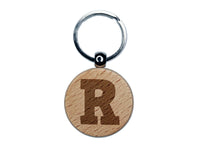 Letter R Uppercase Fun Bold Font Engraved Wood Round Keychain Tag Charm