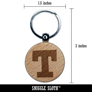 Letter T Uppercase Fun Bold Font Engraved Wood Round Keychain Tag Charm