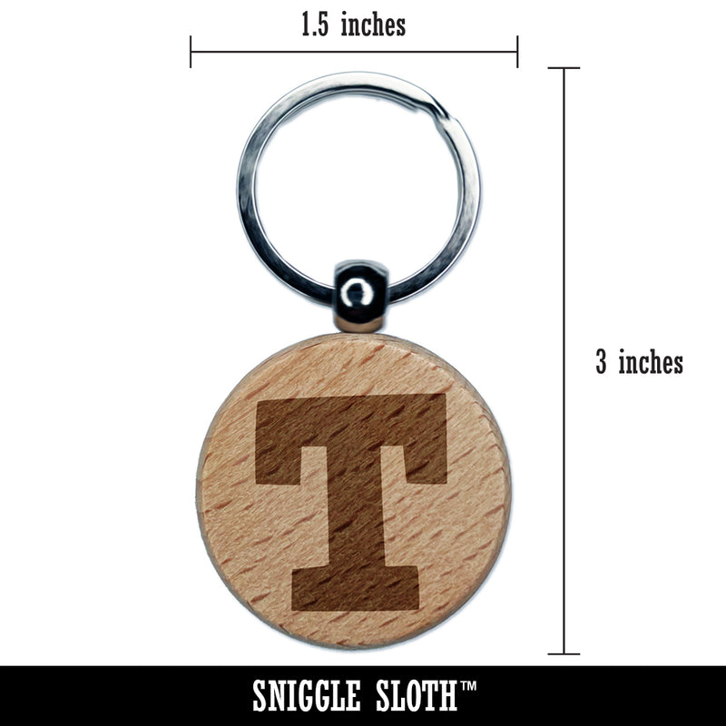 Letter T Uppercase Fun Bold Font Engraved Wood Round Keychain Tag Charm