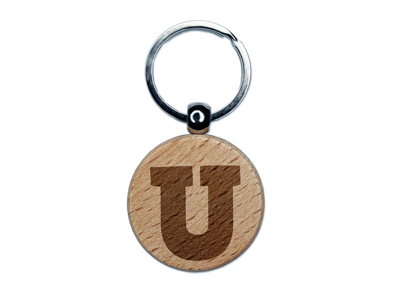 Letter U Uppercase Fun Bold Font Engraved Wood Round Keychain Tag Charm