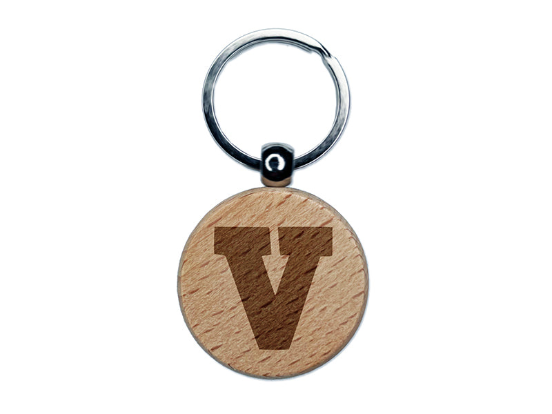 Letter V Uppercase Fun Bold Font Engraved Wood Round Keychain Tag Charm
