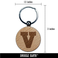 Letter V Uppercase Fun Bold Font Engraved Wood Round Keychain Tag Charm