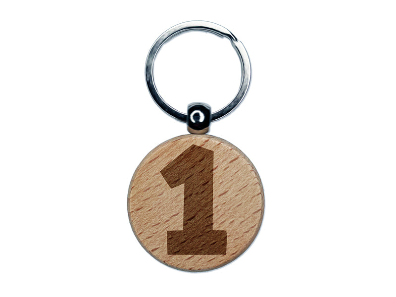 Number 1 One Fun Bold Font Engraved Wood Round Keychain Tag Charm