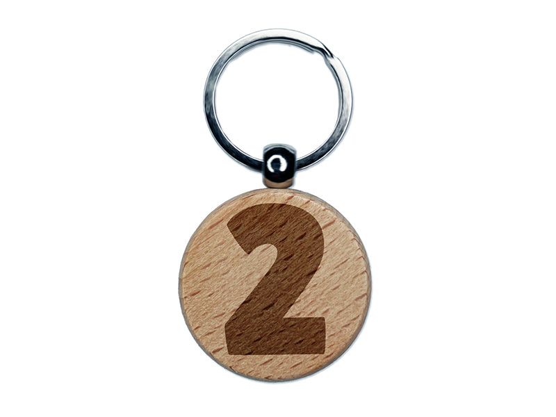 Number 2 Two Fun Bold Font Engraved Wood Round Keychain Tag Charm