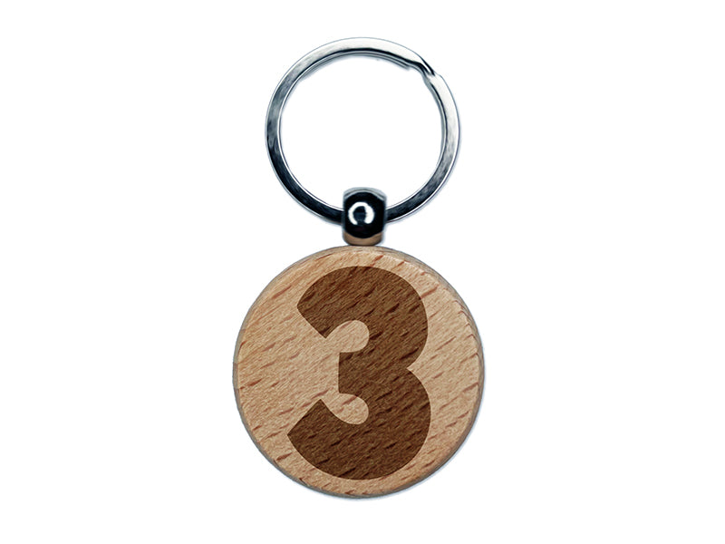 Number 3 Three Fun Bold Font Engraved Wood Round Keychain Tag Charm