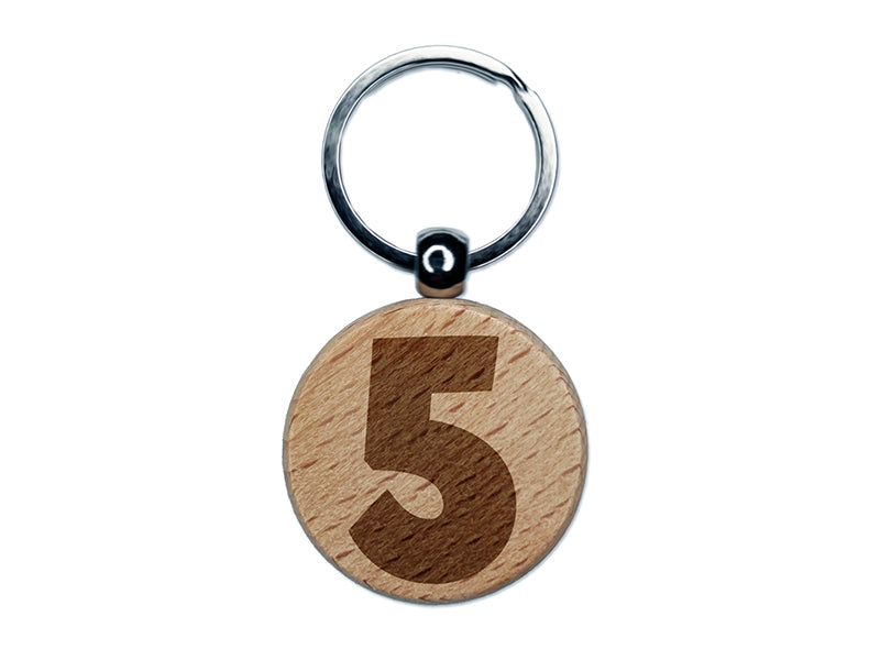 Number 5 Five Fun Bold Font Engraved Wood Round Keychain Tag Charm