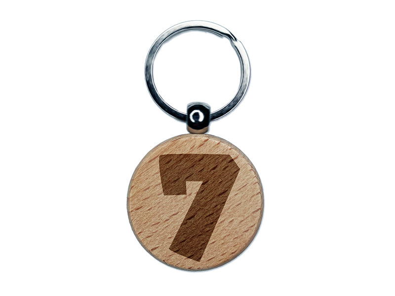 Number 7 Seven Fun Bold Font Engraved Wood Round Keychain Tag Charm