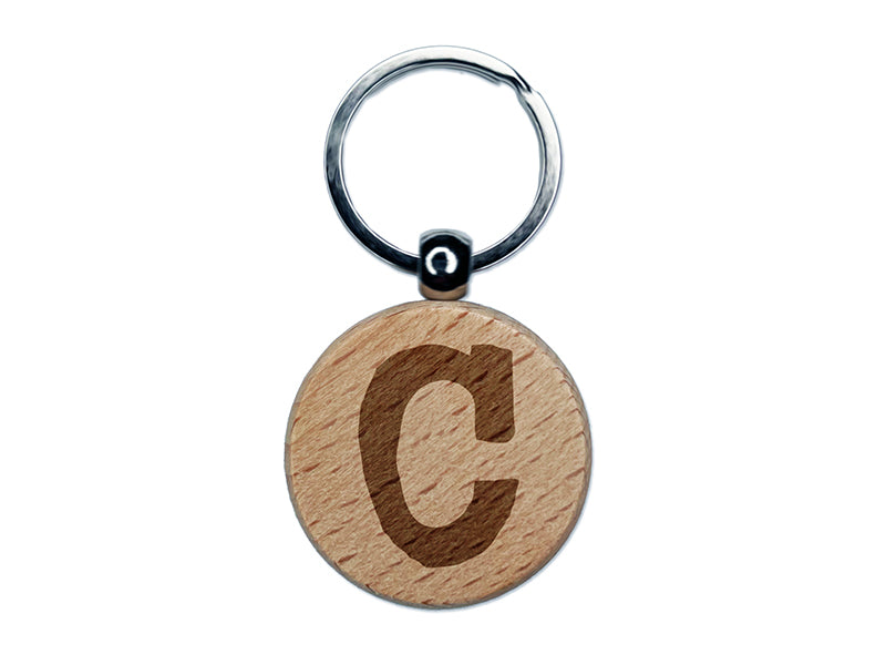 Letter C Uppercase Cute Typewriter Font Engraved Wood Round Keychain Tag Charm