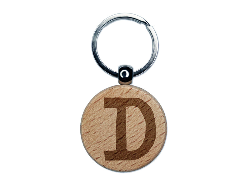Letter D Uppercase Cute Typewriter Font Engraved Wood Round Keychain Tag Charm