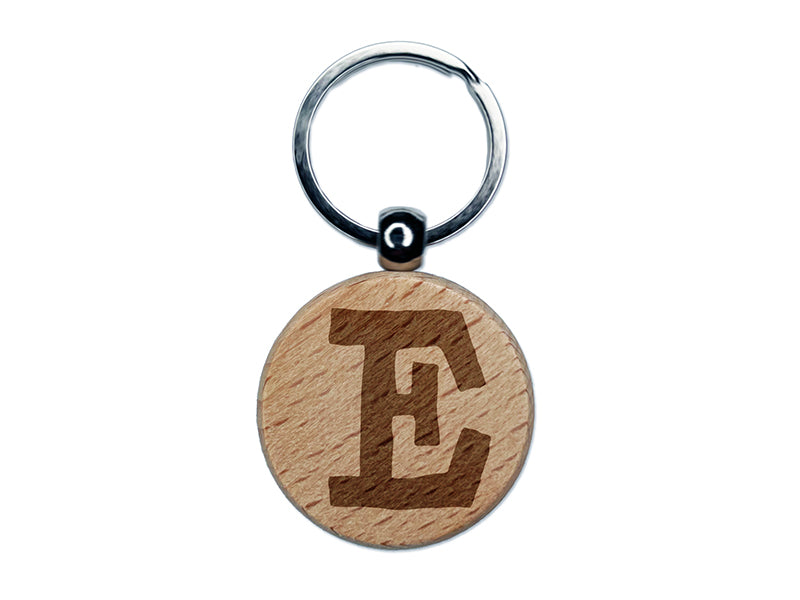 Letter E Uppercase Cute Typewriter Font Engraved Wood Round Keychain Tag Charm