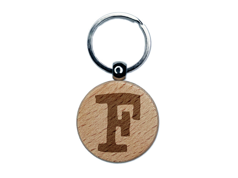Letter F Uppercase Cute Typewriter Font Engraved Wood Round Keychain Tag Charm