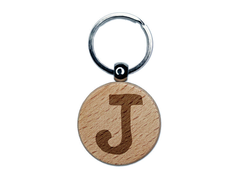 Letter J Uppercase Cute Typewriter Font Engraved Wood Round Keychain Tag Charm