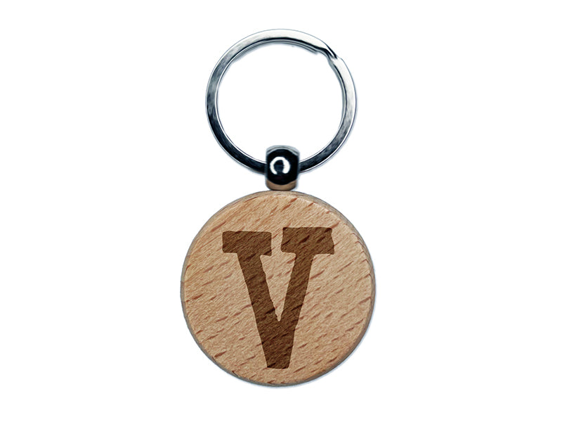 Letter V Uppercase Cute Typewriter Font Engraved Wood Round Keychain Tag Charm