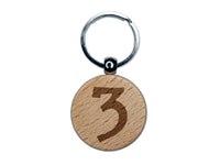 Number 3 Three Cute Typewriter Font Engraved Wood Round Keychain Tag Charm