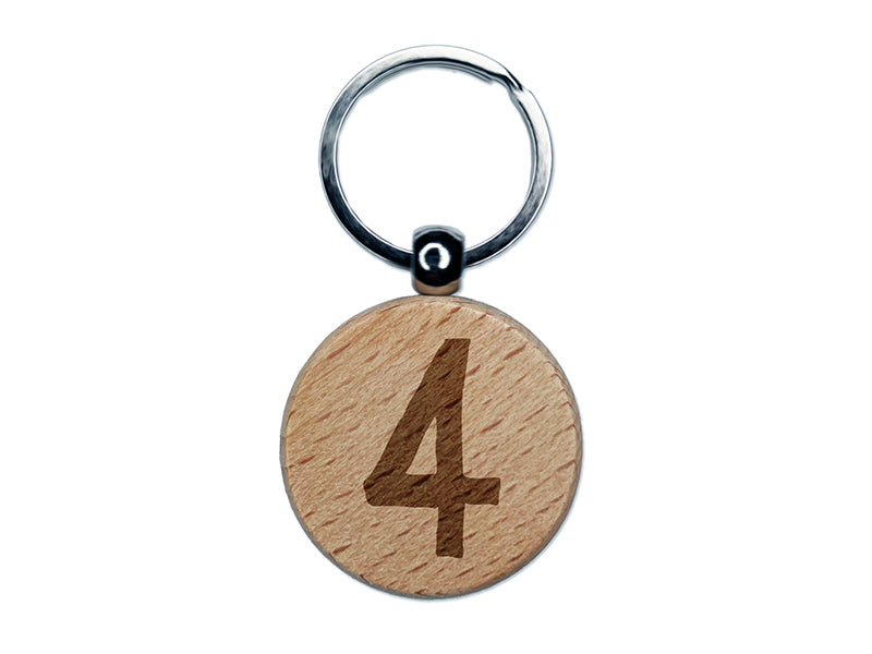 Number 4 Four Cute Typewriter Font Engraved Wood Round Keychain Tag Charm