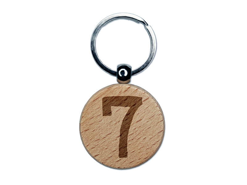 Number 7 Seven Cute Typewriter Font Engraved Wood Round Keychain Tag Charm