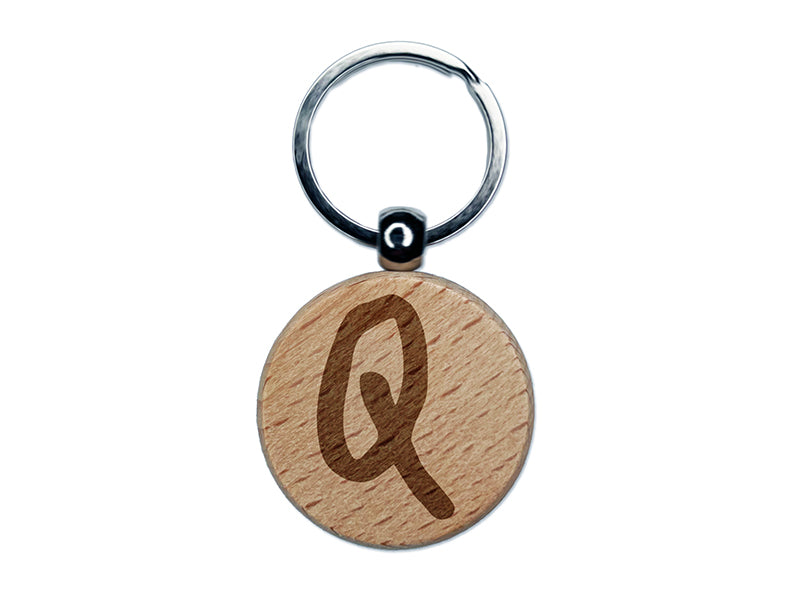Letter Q Uppercase Felt Marker Font Engraved Wood Round Keychain Tag Charm