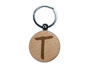 Letter T Uppercase Felt Marker Font Engraved Wood Round Keychain Tag Charm