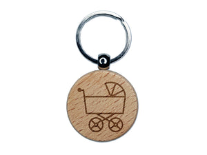 Baby Carriage Pram Stroller Engraved Wood Round Keychain Tag Charm