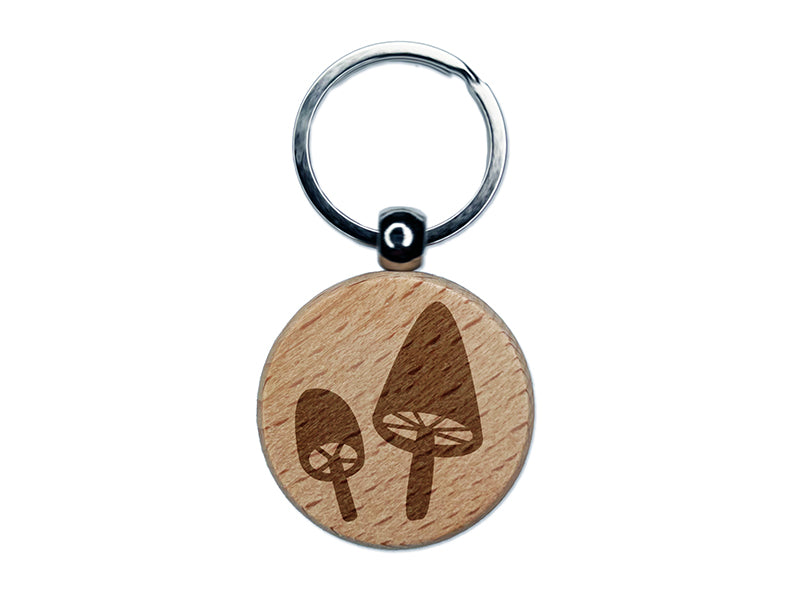 Charming Toadstool Mushroom Pair Engraved Wood Round Keychain Tag Charm