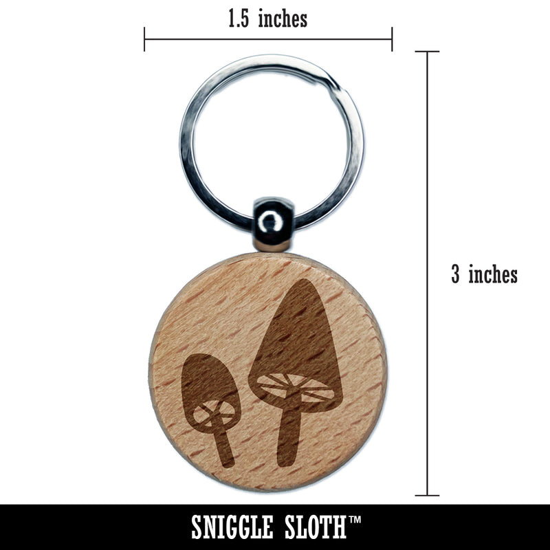 Charming Toadstool Mushroom Pair Engraved Wood Round Keychain Tag Charm