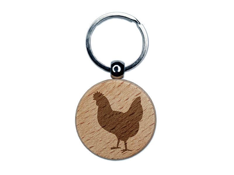 Chicken Standing Solid Engraved Wood Round Keychain Tag Charm