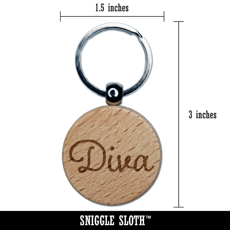 Diva Fun Text Engraved Wood Round Keychain Tag Charm