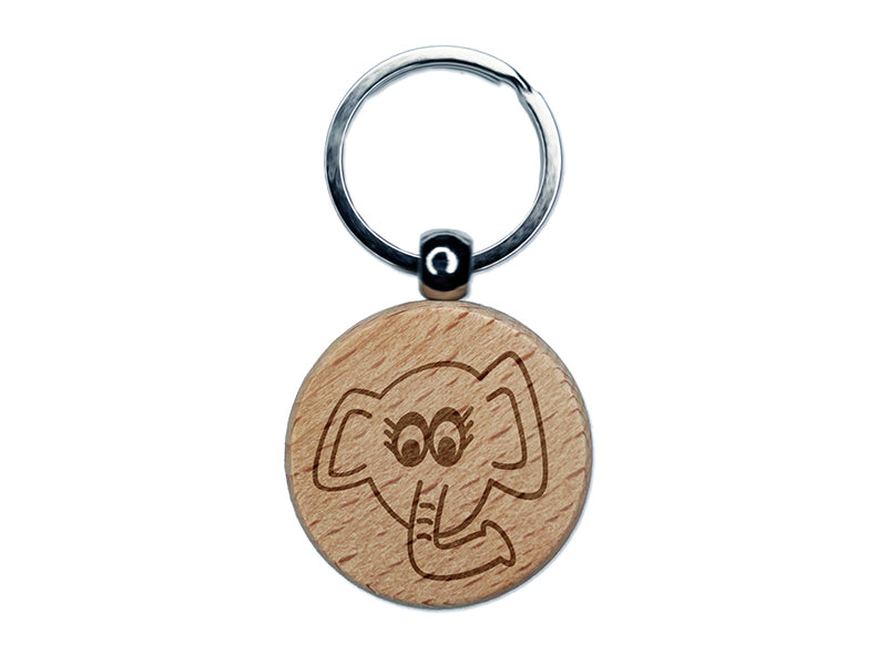 Elegant Elephant Face Engraved Wood Round Keychain Tag Charm