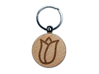 Flower Bud Outline Engraved Wood Round Keychain Tag Charm