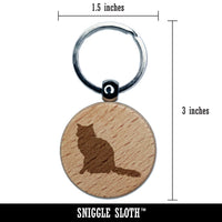 Fluffy Cat Solid Engraved Wood Round Keychain Tag Charm