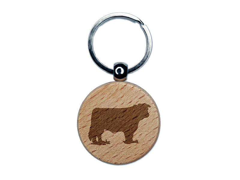 Hereford Cow Solid Engraved Wood Round Keychain Tag Charm