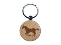 Horse Running Solid Engraved Wood Round Keychain Tag Charm