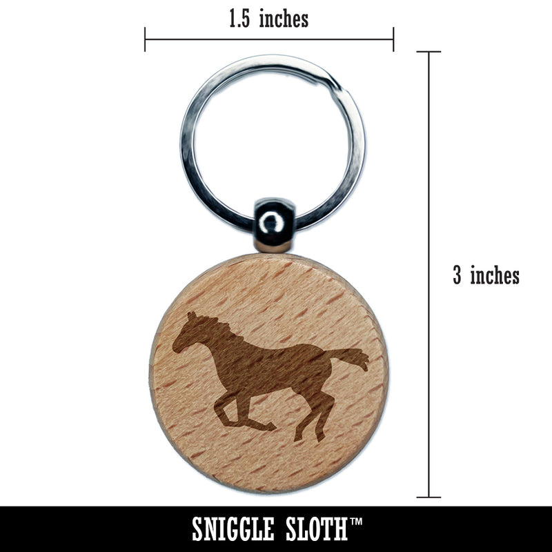 Horse Running Solid Engraved Wood Round Keychain Tag Charm