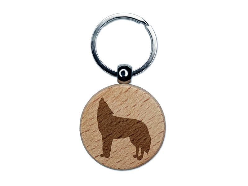 Howling Wolf Solid Engraved Wood Round Keychain Tag Charm