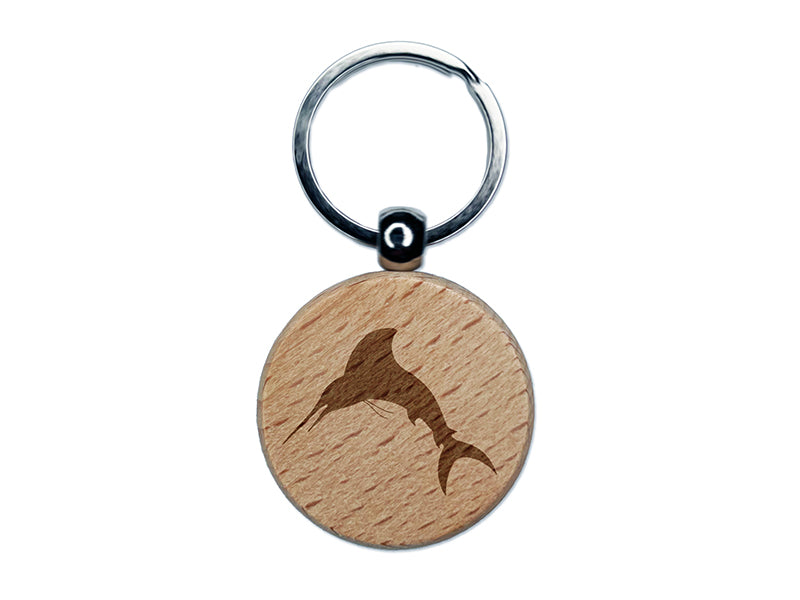 Marlin Fish Engraved Wood Round Keychain Tag Charm