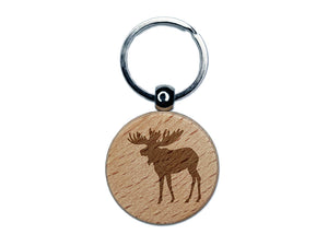 Moose Solid Engraved Wood Round Keychain Tag Charm