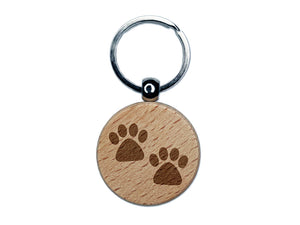 Paw Prints Pair Dog Cat Engraved Wood Round Keychain Tag Charm