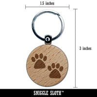 Paw Prints Pair Dog Cat Engraved Wood Round Keychain Tag Charm