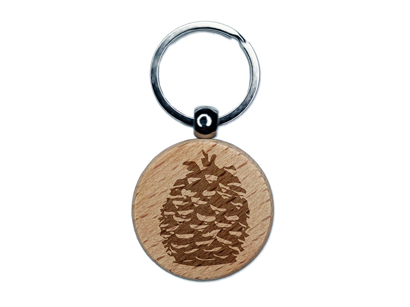 Pinecone Sketch Engraved Wood Round Keychain Tag Charm