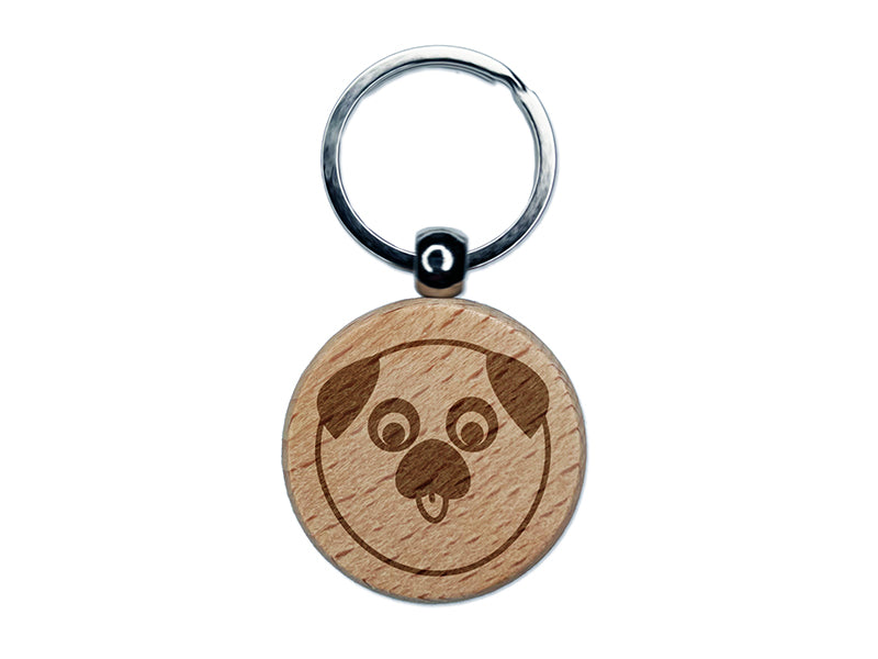 Playful Pug Face Engraved Wood Round Keychain Tag Charm