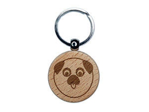 Playful Pug Face Engraved Wood Round Keychain Tag Charm