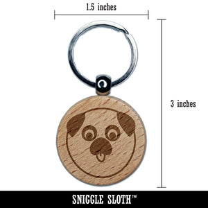 Playful Pug Face Engraved Wood Round Keychain Tag Charm