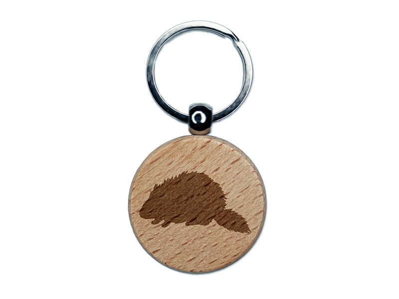 Porcupine Solid Engraved Wood Round Keychain Tag Charm