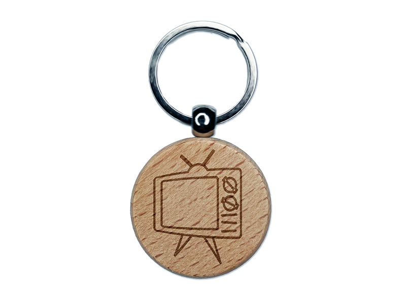 Retro TV Television Engraved Wood Round Keychain Tag Charm