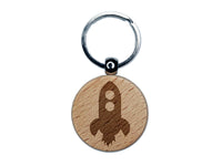 Rocket Ship Doodle Engraved Wood Round Keychain Tag Charm