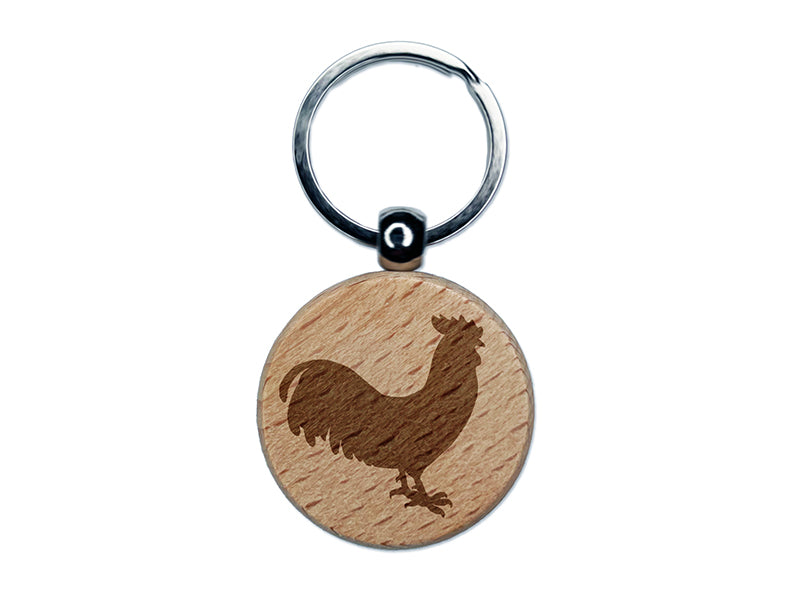 Rooster Chicken Standing Solid Engraved Wood Round Keychain Tag Charm